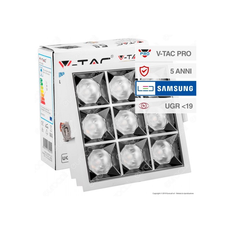 V-TAC PRO VT-2-36 FARETTO LED SMD 36W DA INCASSO QUADRATO 12° CRI≥90 CHIP SAMSUN