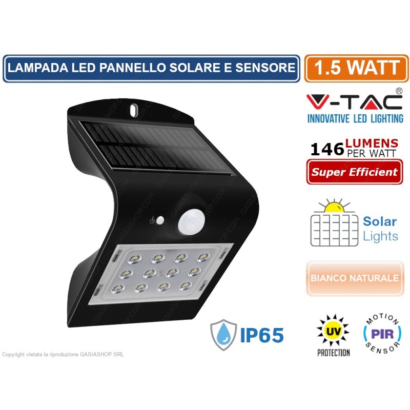 V-TAC VT-767 LAMPADA DA MURO LED NERA 1,5W CON PANNELLO SOLARE E SENSORE IP65