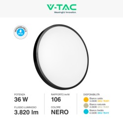 V-TAC VT-8630 PLAFONIERA LED ROTONDA 36W SMD IP44 COLORE NERO