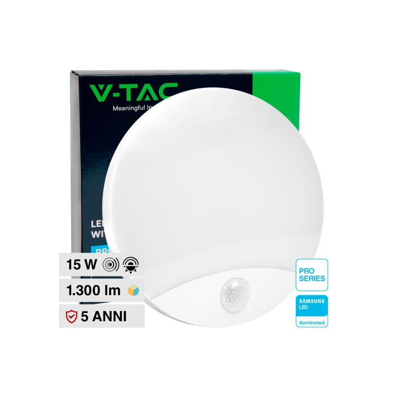 V-TAC PRO VT-81004 PLAFONIERA LED ROTONDA 15W SMD CHIP SAMSUNG SENSORE PIR MOVIMENTO CREPUSCOLARE IP44 COLORE BIANCO