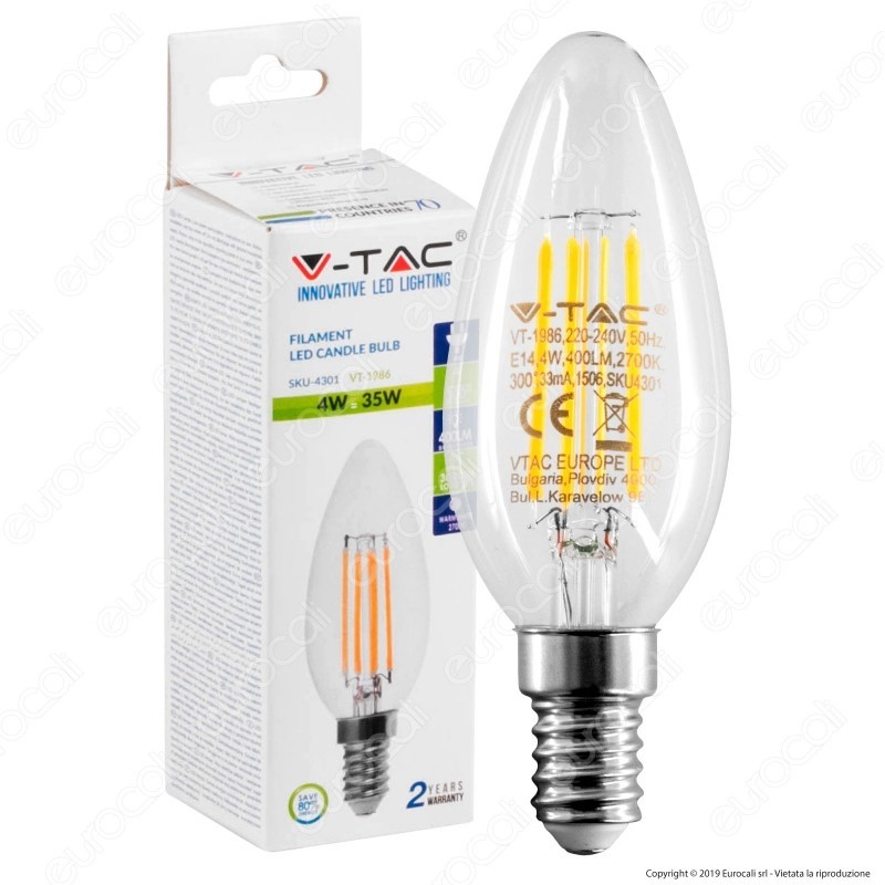 V-TAC VT-1986 Lampadina LED E14 4W Candela Filamento 2700K - SKU 4301