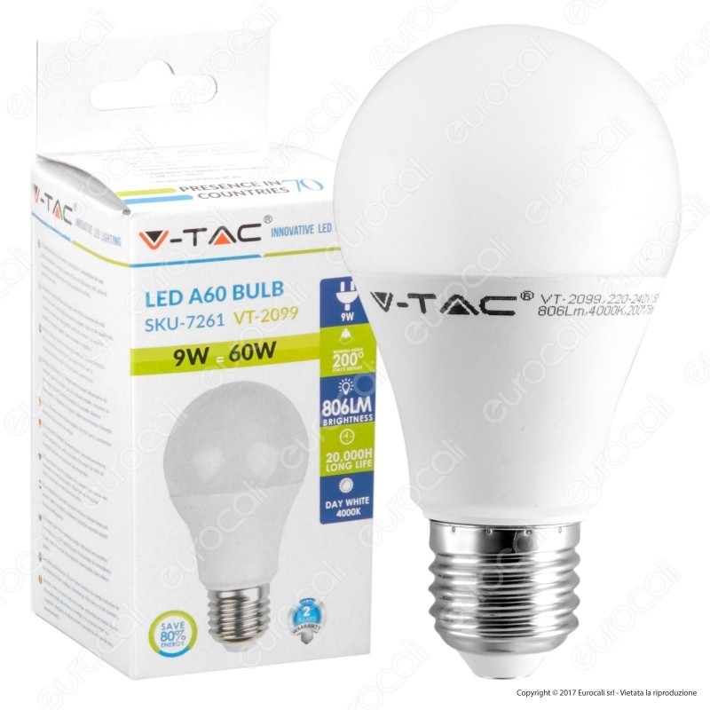 V-TAC VT-2099 Lampadina LED E27 9W A60 6400K - SKU 7262